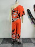Printed Slash Shoulder Irregular Wide Leg Jumpsuit