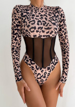 Women Long Sleeve Leopard Print Sexy Patchwork Mesh Bodysuit Women Long Sleeve Leopard Print Sexy Patchwork Mesh Bodysuit