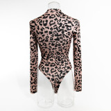Women Long Sleeve Leopard Print Sexy Patchwork Mesh Bodysuit