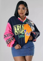 Women Casual V-Neck Patchwork Contrast Letter Print Loose Top Women Casual V-Neck Patchwork Contrast Letter Print Loose Top