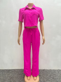 Plus Size Casual African Women Summer Solid Short Sleeve Top and Pant Two-piece Set