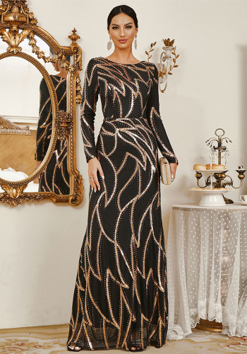 Chic Long Sleeve Round Neck Sexy Long Sequin Formal Party Evening Dress Bridesmaid Dresses For Women