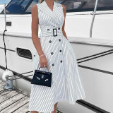 Spring Women's Fashion Chic Striped Sleeveless Turndown Collar A-Line Dress