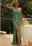 Sleeveless Chic One Shoulder Slash Shoulder Sexy Long Sequin Formal Party Evening Dress Women Bridesmaid Dress