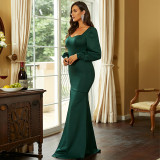 Long Sleeve Chic Square Neck Sexy Long Formal Party Slim Slit Evening Dress Bridesmaid Dresses For Women