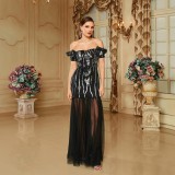 Chic Off Shoulder Sexy Sequin Mesh Patchwork Formal Party Fishtail Evening Dress Long Bridesmaid Dress