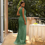 Sleeveless Chic One Shoulder Slash Shoulder Sexy Long Sequin Formal Party Evening Dress Women Bridesmaid Dress
