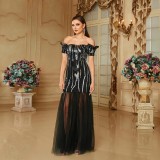 Chic Off Shoulder Sexy Sequin Mesh Patchwork Formal Party Fishtail Evening Dress Long Bridesmaid Dress
