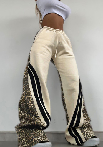 Autumn Style Street Trend Leopard Print Striped Color Block High Waist Loose Sweatpants