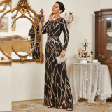 Chic Long Sleeve Round Neck Sexy Long Sequin Formal Party Evening Dress Bridesmaid Dresses For Women
