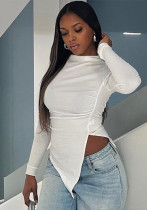 Women Round Neck Solid long-sleeved pleated irregular T-shirt Women Round Neck Solid long-sleeved pleated irregular T-shirt