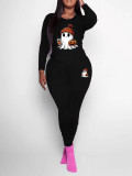Women Retro Halloween Pumpkin Print Casual Long Sleeve Top and Pants Two-piece Set