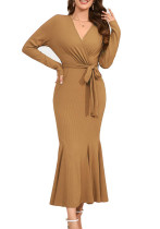 Summer Women long-sleeved waisted v-neck Solid evening dress Summer Women long-sleeved waisted v-neck Solid evening dress