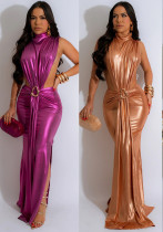 Women metal big round buckle waist decoration slit high-necked sleeveless long skirt Women metal big round buckle waist decoration slit high-necked sleeveless long skirt