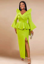 Women Ruffle Formal Party Bell Bottom Sleeve Dress Women Ruffle Formal Party Bell Bottom Sleeve Dress