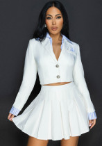 Women Casual Turndown Collar Fake Two-piece Top and Pleated Skirt Two-piece Set Women Casual Turndown Collar Fake Two-piece Top and Pleated Skirt Two-piece Set