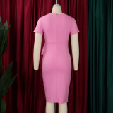 Plus Size Women Short Sleeve Solid Bodycon Ruffled African Dress