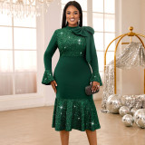 Bell Bottom Sleeve Fishtail Formal Party Sequin Dress