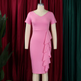 Plus Size Women Short Sleeve Solid Bodycon Ruffled African Dress