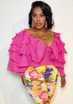 Fashion Sexy Solid Color  V-Neck Long Sleeve Ruffled Layer Top