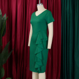Plus Size Women Short Sleeve Solid Bodycon Ruffled African Dress