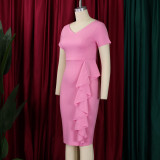 Plus Size Women Short Sleeve Solid Bodycon Ruffled African Dress