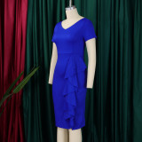 Plus Size Women Short Sleeve Solid Bodycon Ruffled African Dress