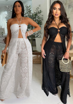 Women Sexy Lace-up Top and Wide-leg Pants Two Piece Set