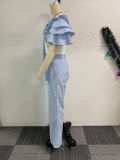 Women Round Neck Short-sleeved Striped Contrast Top and Wide-leg Pants Two-piece Set
