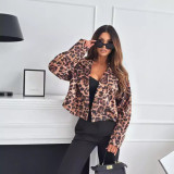 Women Long Sleeve Crop Leopard Blazer Jacket