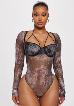 Sexy See-Through Mesh print Halter Neck long sleeve Tight Fitting women's sexy jumpsuit Sexy See-Through Mesh print Halter Neck long sleeve Tight Fitting women's sexy jumpsuit