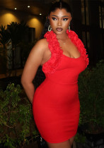 Women's fashion solid color dress sexy ruffle halter strap Low Back Bodycon dress Women's fashion solid color dress sexy ruffle halter strap Low Back Bodycon dress