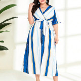 Plus Size Women's Spring Summer Fashion Color Block Striped Printed Lace Sexy V-Neck Short Sleeve Dress