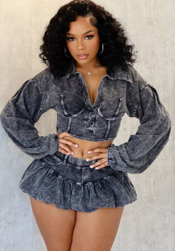 Fashionable women's clothing solid color distressed long sleeve top short skirt two piece set  (with underwear)