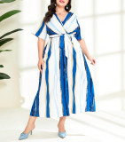 Plus Size Women's Spring Summer Fashion Color Block Striped Printed Lace Sexy V-Neck Short Sleeve Dress