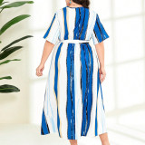 Plus Size Women's Spring Summer Fashion Color Block Striped Printed Lace Sexy V-Neck Short Sleeve Dress