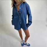Autumn Street Trend Turndown Collar Long Sleeve Shorts Denim Jumpsuit