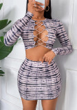 Women Sexy Long Sleeve Lace Short Top and Mini Skirt Two-Piece Set