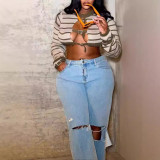 Women Knitting Striped Button Long Sleeve Crop Top