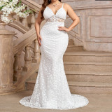 Plus Size Women Sexy White Suspender V-Neck Trailing Wedding Dress
