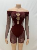 Women's solid color Off Shoulder slim sexy one-piece knitting long-sleeved hollow tight slim jumpsuit