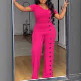 Irregular Neckline Slim Waist Button Wide Leg Jumpsuit