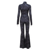 women's autumn fashion trend long sleeve zipper top Slim Fit Bell Bottom pants two piece set