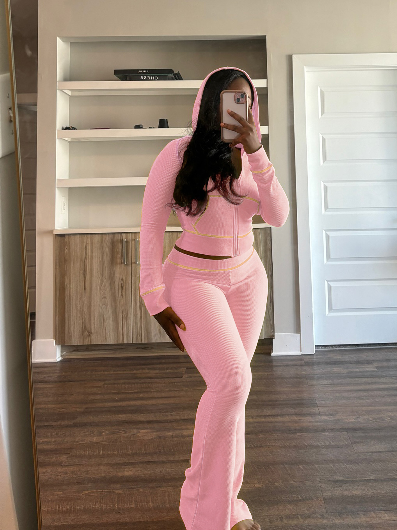 Women's Waffle texture hooded Bell Bottom Casual two piece pants set