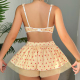 Sexy lingerie Heart Print printed mesh sexy temptation bra short skirt thong set