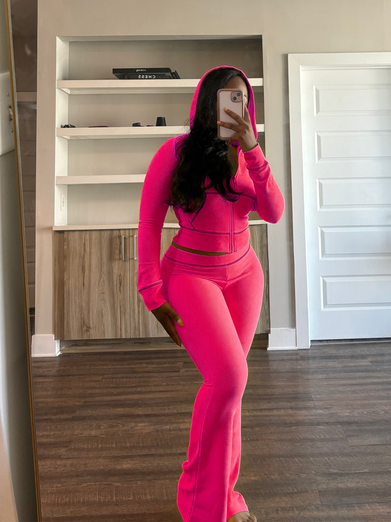 Women's Waffle texture hooded Bell Bottom Casual two piece pants set