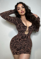 Sexy Deep V Neck Print Hollow Long Sleeve Women Slim Short Dress Sexy Deep V Neck Print Hollow Long Sleeve Women Slim Short Dress