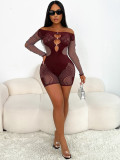Women's solid color Off Shoulder slim sexy one-piece knitting long-sleeved hollow tight slim jumpsuit
