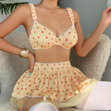 Sexy lingerie Heart Print printed mesh sexy temptation bra short skirt thong set