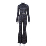 women's autumn fashion trend long sleeve zipper top Slim Fit Bell Bottom pants two piece set